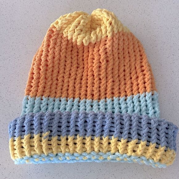 Oversized Colorful Hand-knitted Hat Blue Orange Yellow Crochet Artsy Fun - Picture 2 of 8